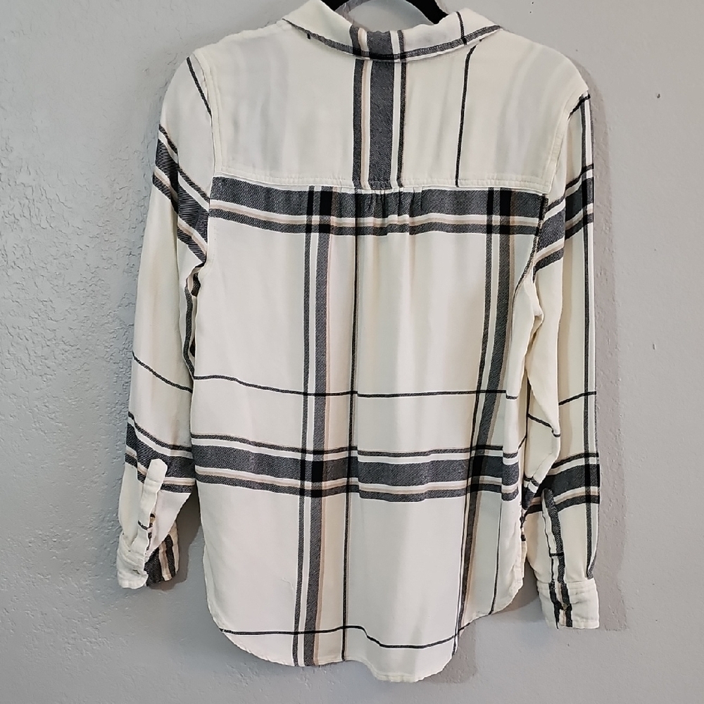 Lucky Brand Cream Black and Tan Plaid Button-Down Shirt, High Low Womens Medium - Picture 7 of 7